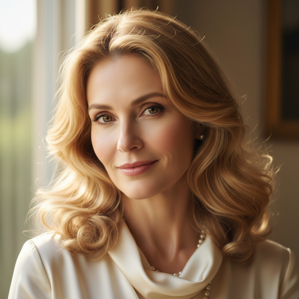 Portrait de Céline Dupont, femme blonde aux yeux bleus avec un sourire délicat