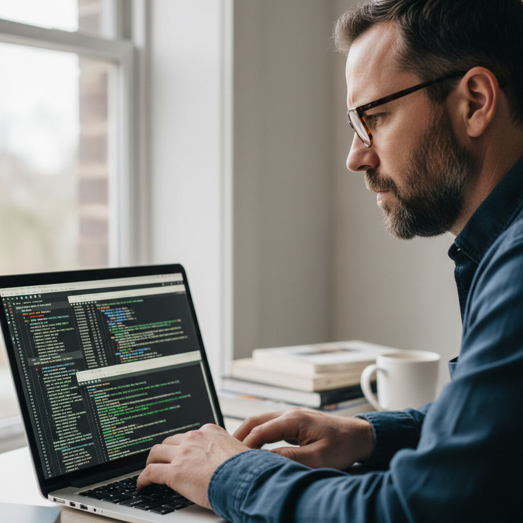 Marcus Webb, DevOps lead, focused at laptop with multiple terminal windows visible on screen