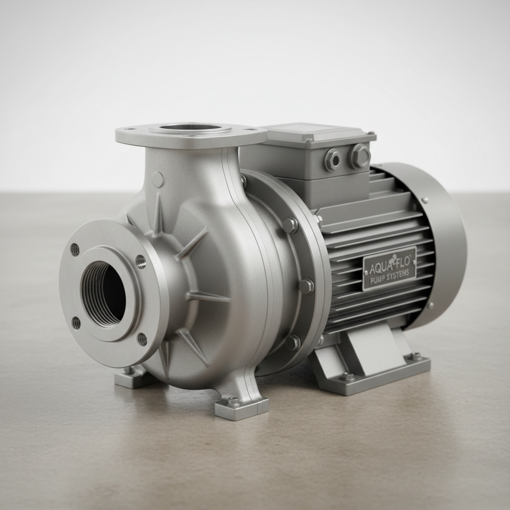 Grundfos centrifugal water pump in bright clean workshop, metallic blue casing