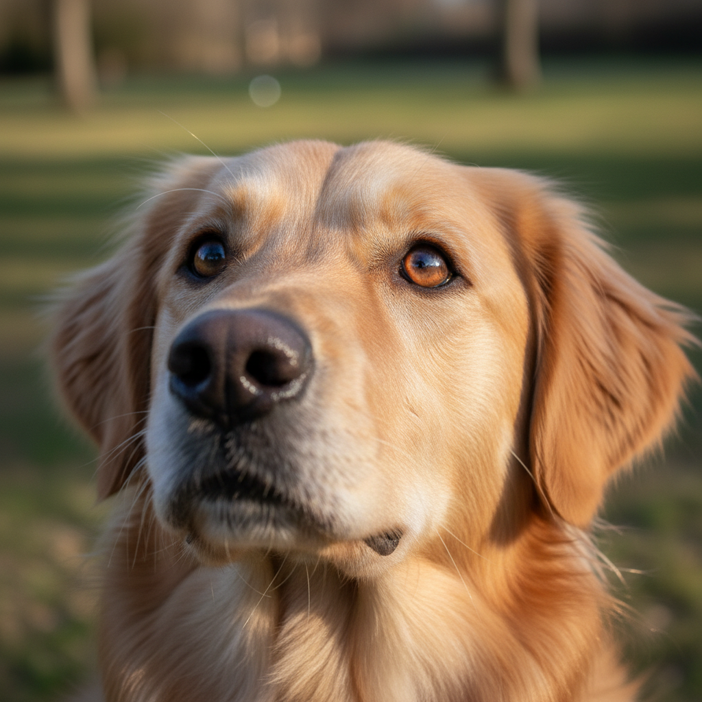 Golden retriever puppy looking up with warm brown eyes at animal rescue shelter