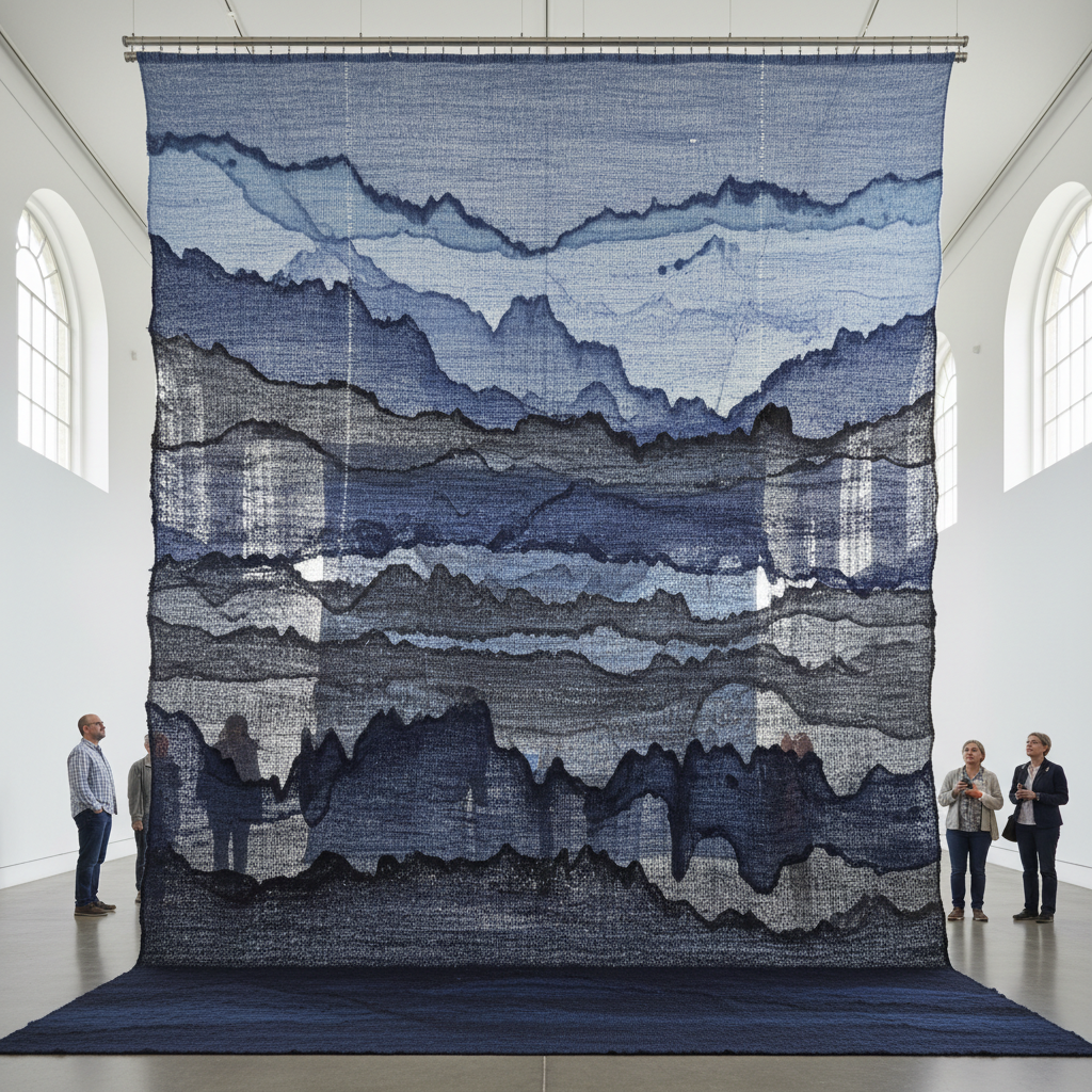 Large-scale woven textile installation showing layered strata of indigo-dyed merino wool with iron mordant variations creating geological color bands
