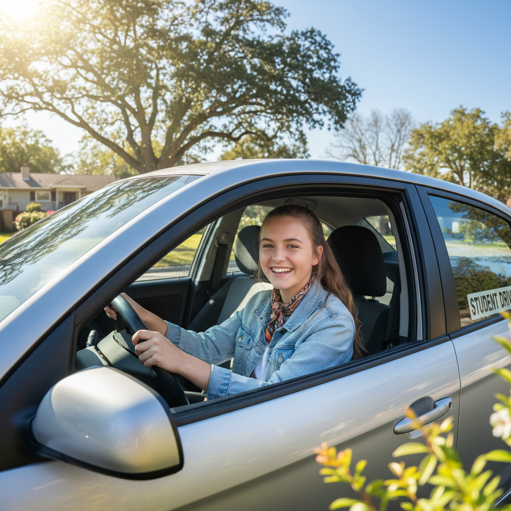 Mia Callahan, 17-year-old student driver, smiling outdoors