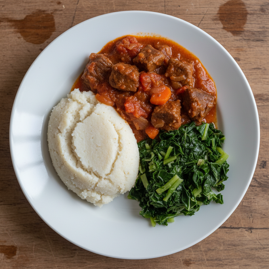 Overhead shot of sadza, stew, and collards on a plate — real food, no styling