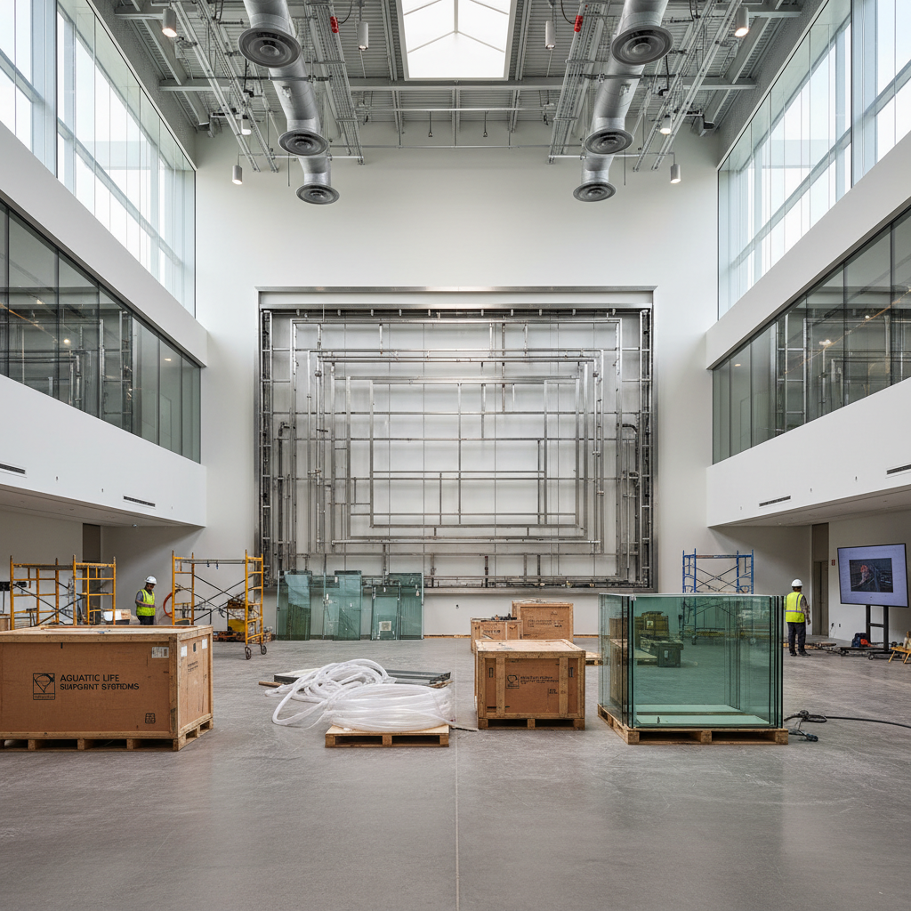 Empty tech campus space where aquarium living wall will be installed