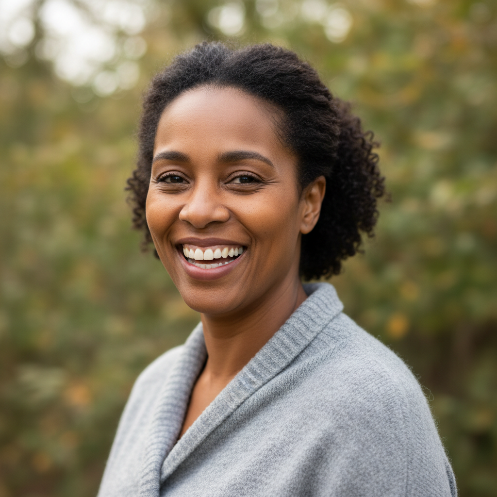 Friendly woman in her forties with dark hair, warm smile