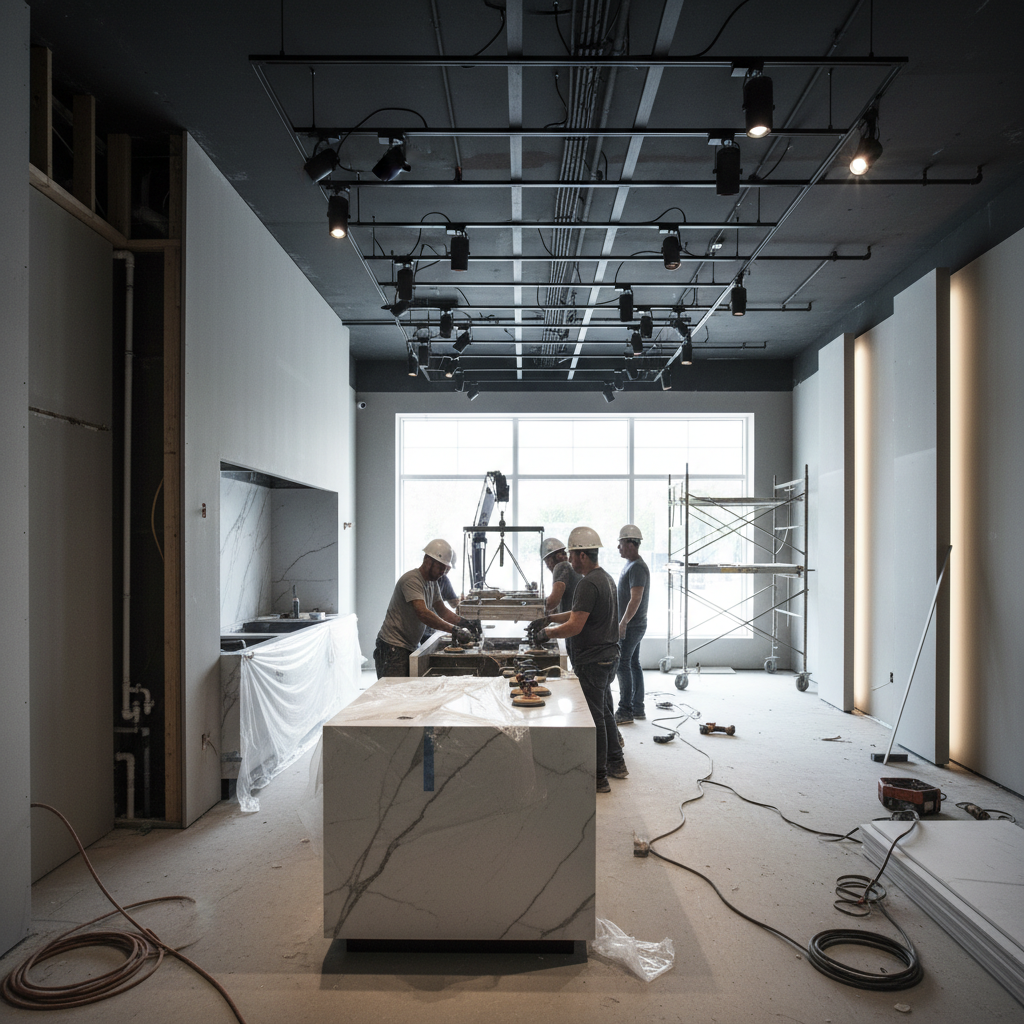 Modern restaurant interior under construction showing marble counter installation and gallery lighting setup