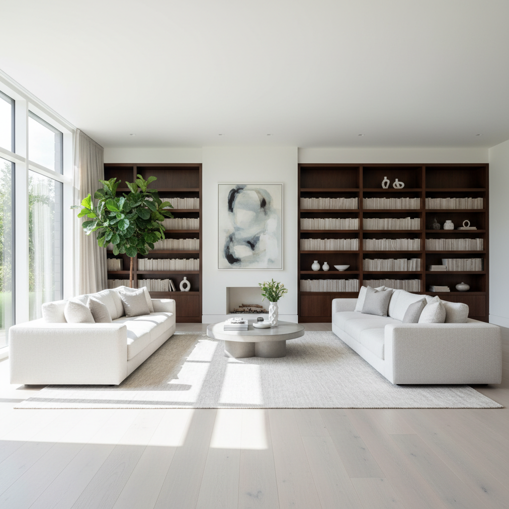 Organized living room with neat shelving, neutral tones, natural light, minimalist decor