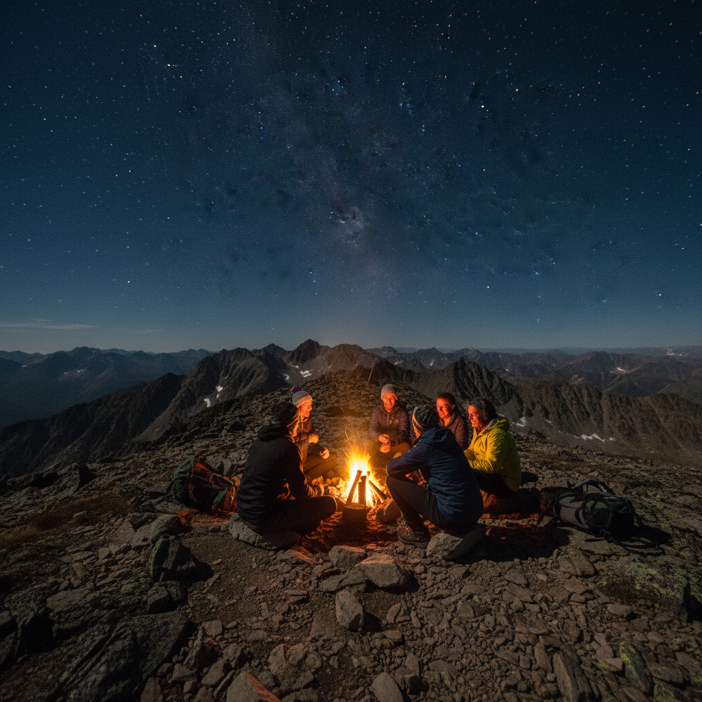Group of young travellers gathered around a campfire at night under starry sky in mountain setting