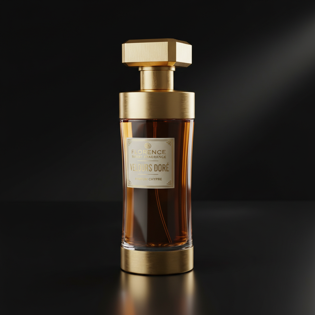 Luxury amber perfume bottle with gold stopper on dark velvet surface