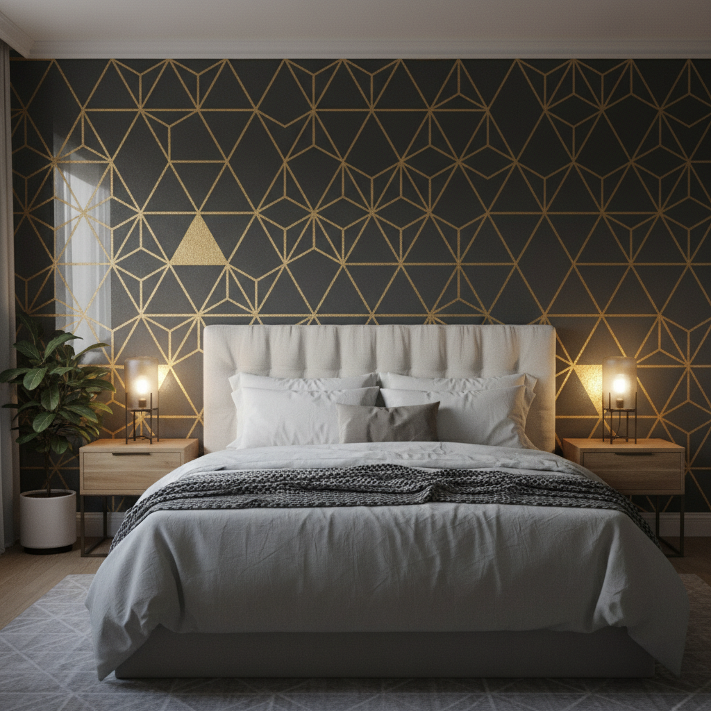 Feature wall with geometric design in living room, deep charcoal and gold tones