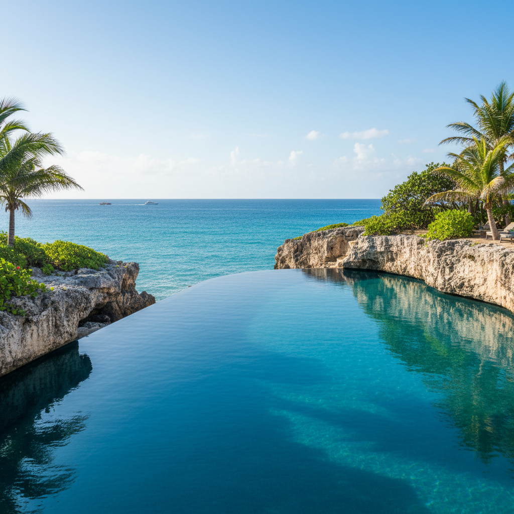 Mar Infinito coastal resort infinity pool carved into limestone cliffs overlooking the Atlantic Ocean