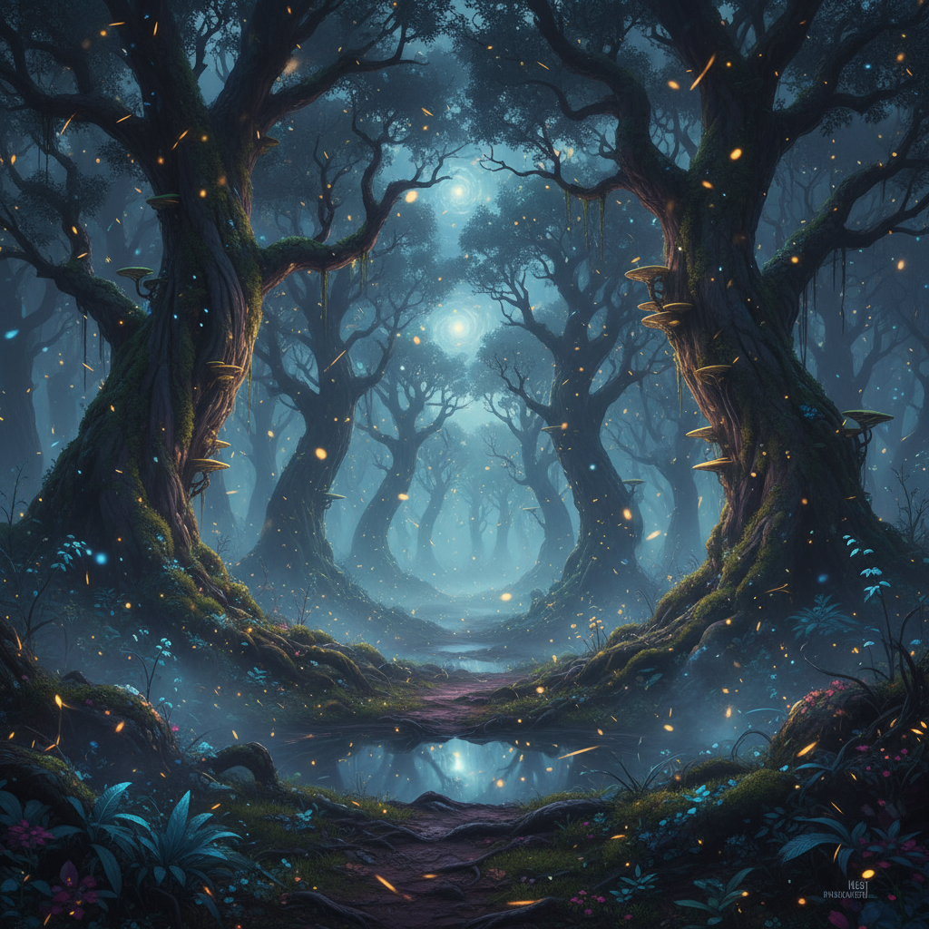 Mystical dark fantasy environment — deep black background, glowing amber light particles, dramatic supernatural atmosphere, cinematic darkness