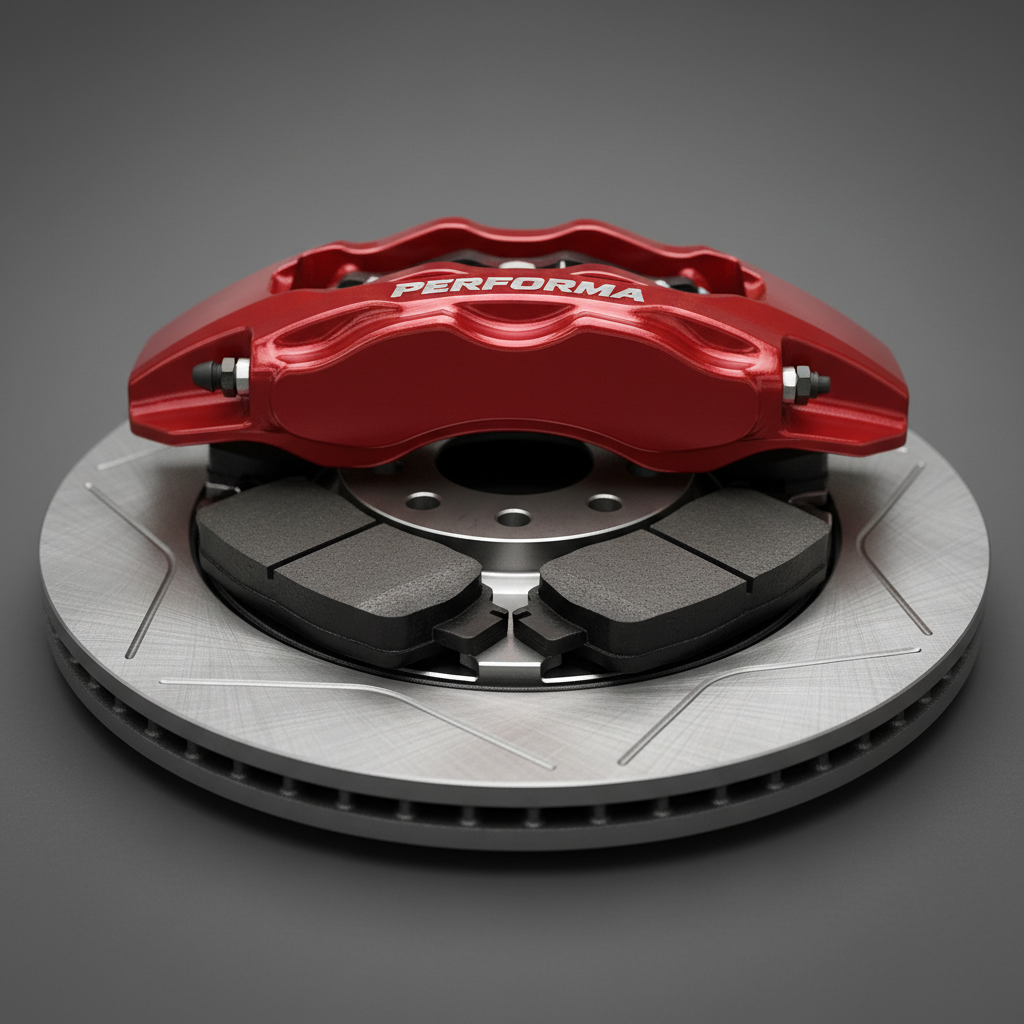 New brake rotor assembly with machined cooling vanes, ceramic pads, and fresh caliper gleaming under studio light