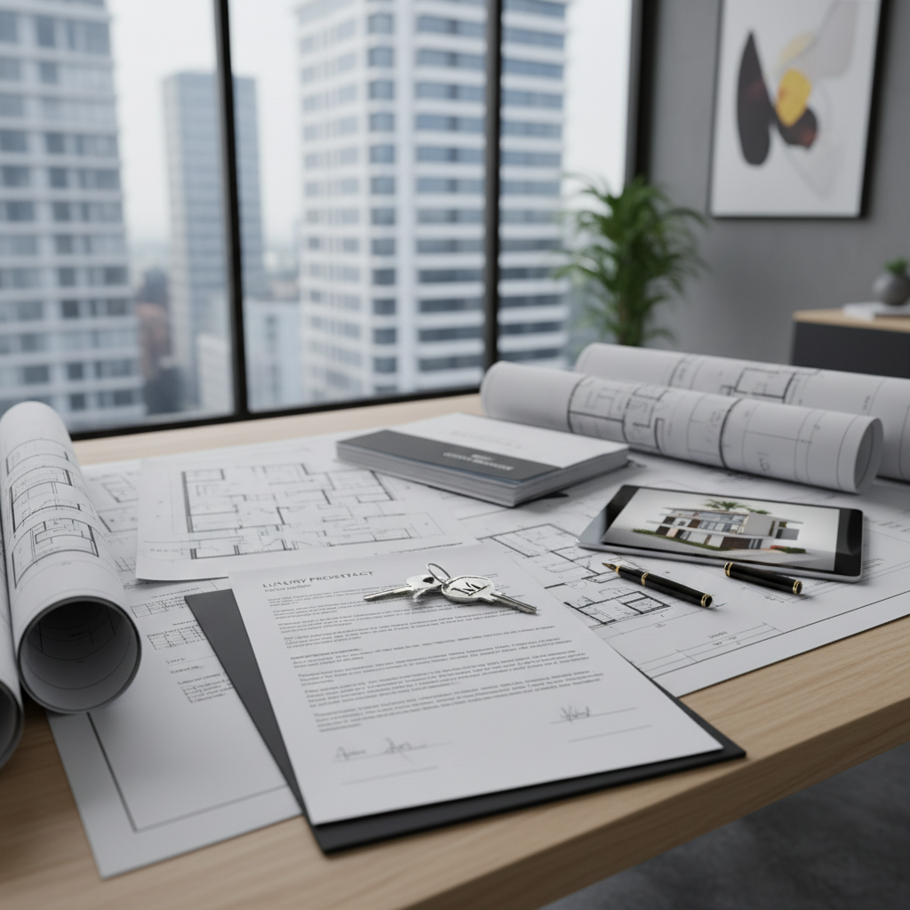 Commercial real estate contract documents and keys on clean white desk, bright natural light, airy professional environment