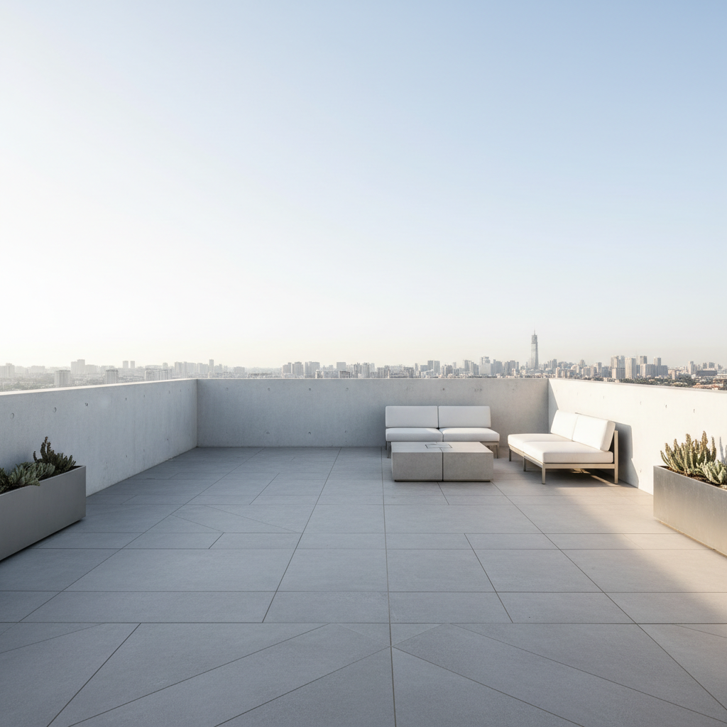 Hotel rooftop lounge with modular outdoor sofa sectional in warm evening light, city skyline behind
