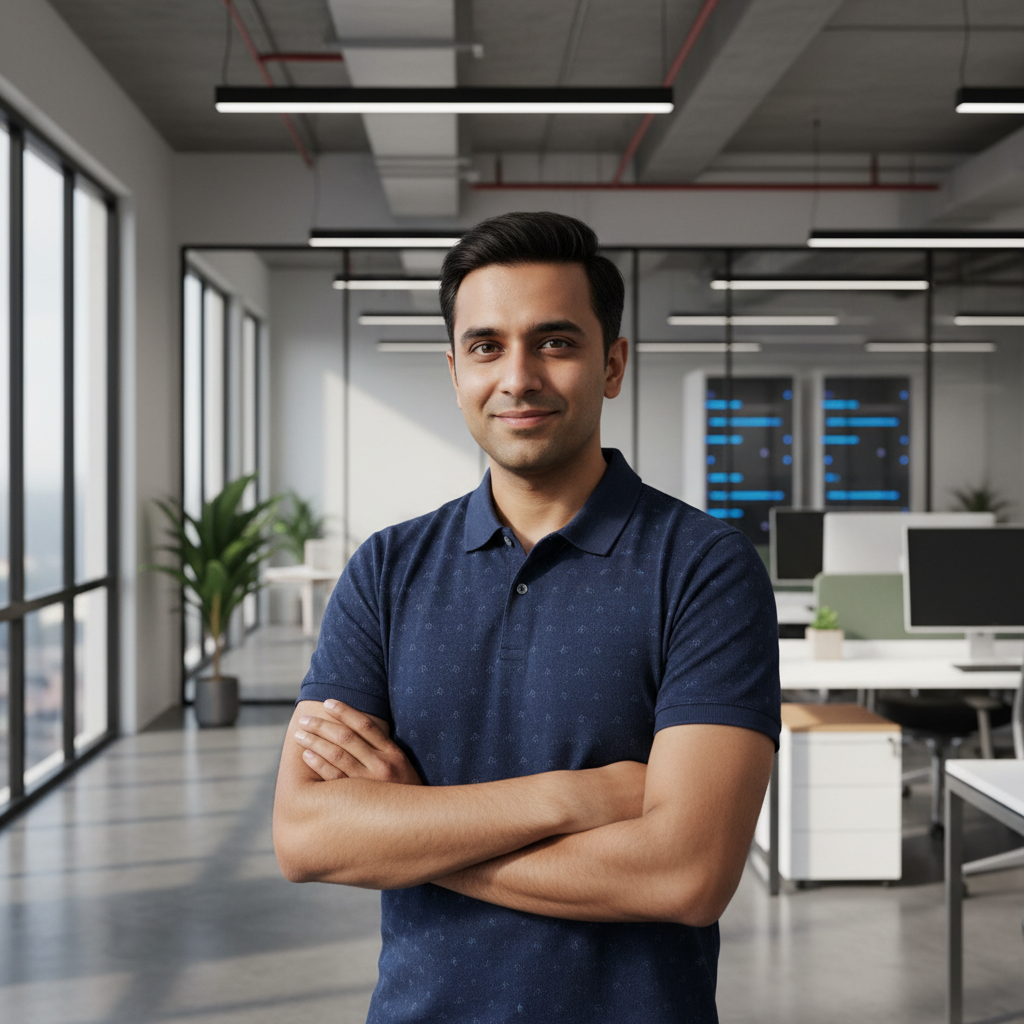 Indian man in his 40s, professional and trustworthy demeanor, office background