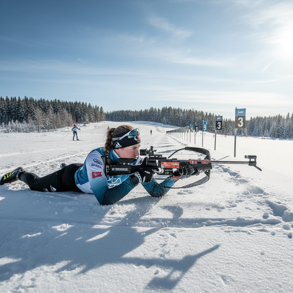 Female athlete in biathlon gear dropping into prone shooting position on snow-covered range, rifle aimed downrange