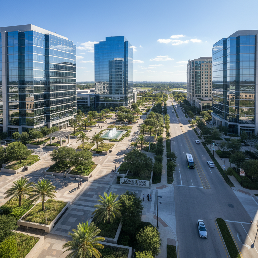 Large completed commerce park exterior with glass office towers and landscaped plaza in bright Texas sunlight — wide-angle drone perspective