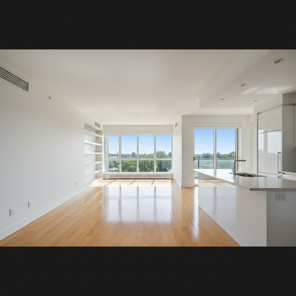 Empty bright apartment with sunlit hardwood floors and pristine white walls ready for new occupants