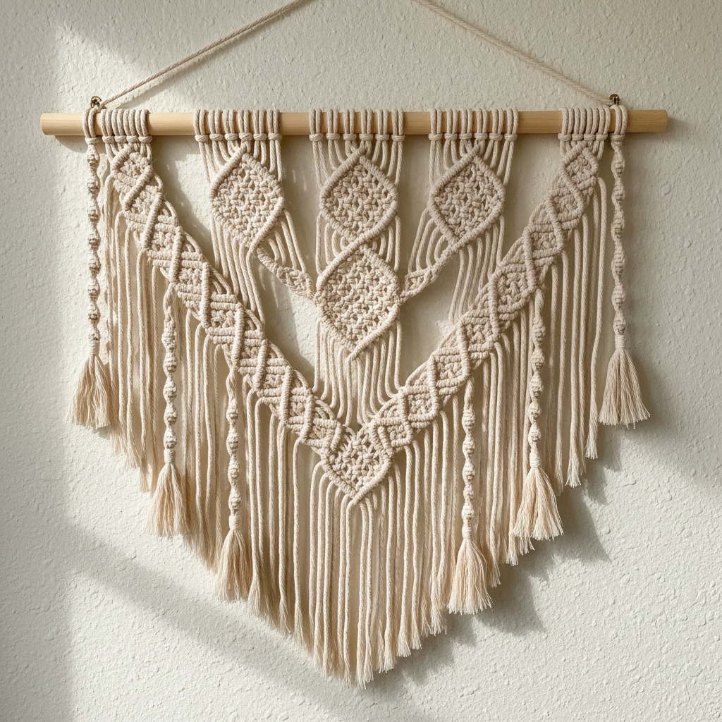 Handmade macramé wall hanging with geometric diamond pattern on cream wall