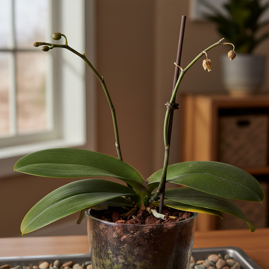 A reblooming Phalaenopsis orchid showing a fresh new flower spike emerging from the base of the plant alongside the previous season's leaves