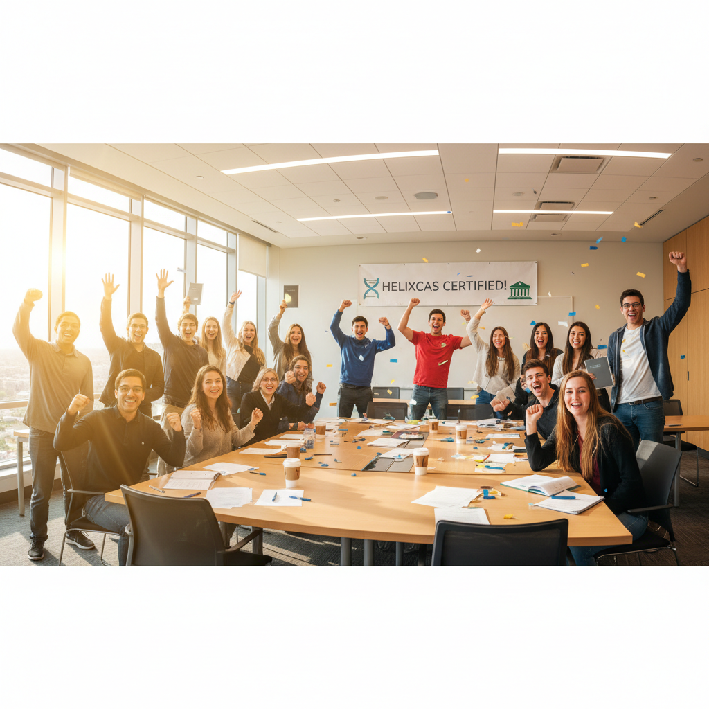 Students smiling and celebrating after completing their HelixCAS Government Accounting certification exam