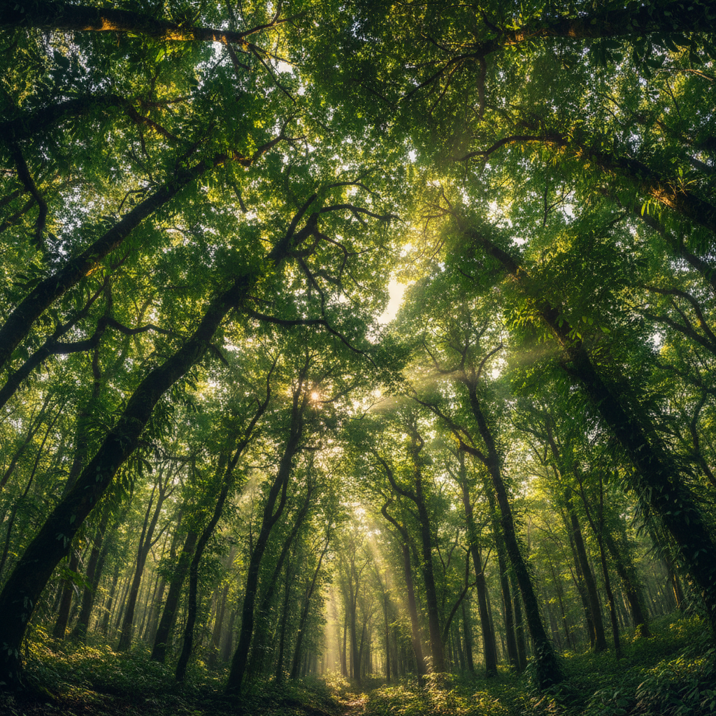Dense tropical rainforest canopy viewed from below, shafts of golden sunlight filtering through layers of dark green leaves