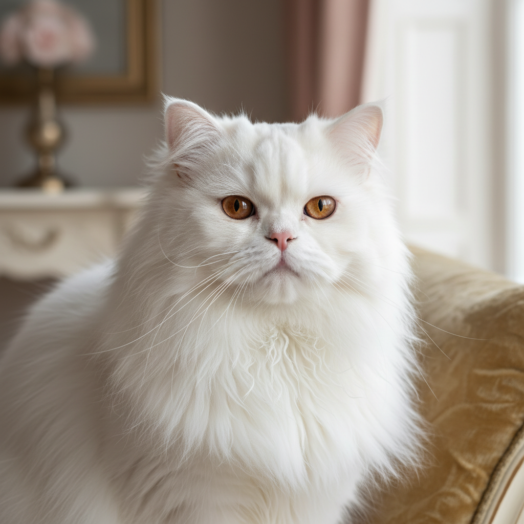 Fluffy white Persian cat with freshly groomed silky coat looking regal