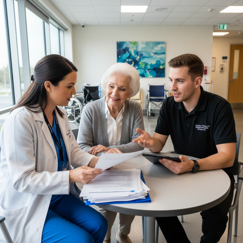 Hospital discharge nurse reviewing paperwork with elderly patient and transport driver