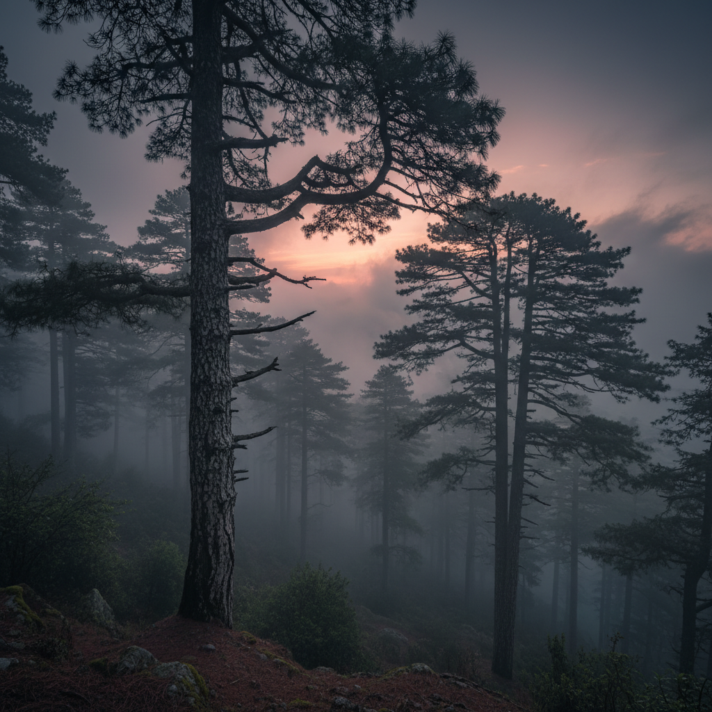 Nathia Gali pine forest at dusk with dark atmospheric mist and green-grey shadows