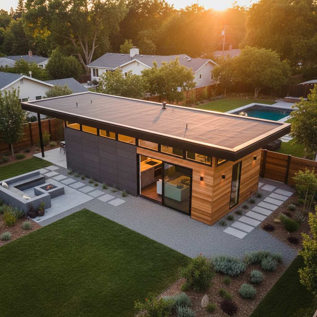 Aerial view of a completed modern ADU in a residential backyard at golden hour, amber light through clerestory windows