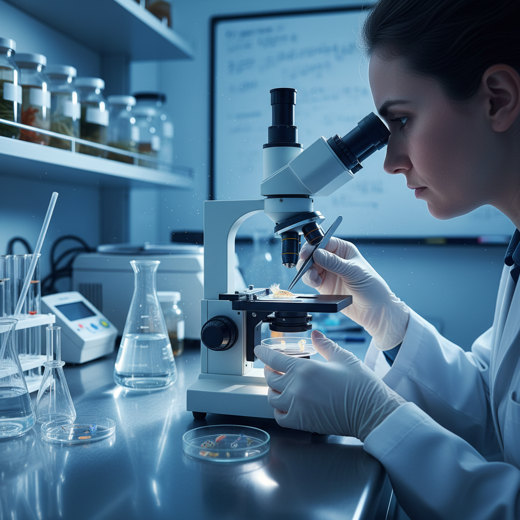 Marine biology researcher examining specimens in a field station laboratory under fluorescent light