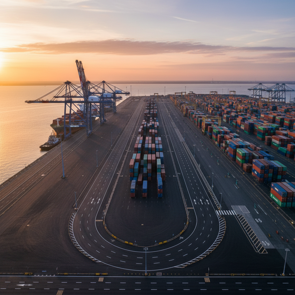 Dawn aerial view of completed port yard road rehabilitation showing smooth new asphalt surface ready for container operations