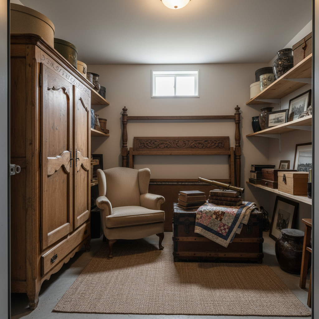 Carefully arranged antique furniture and personal belongings in a storage unit