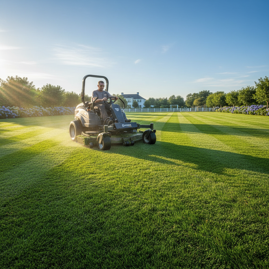 Professional lawn mowing in progress showing clean parallel lines on deep green grass