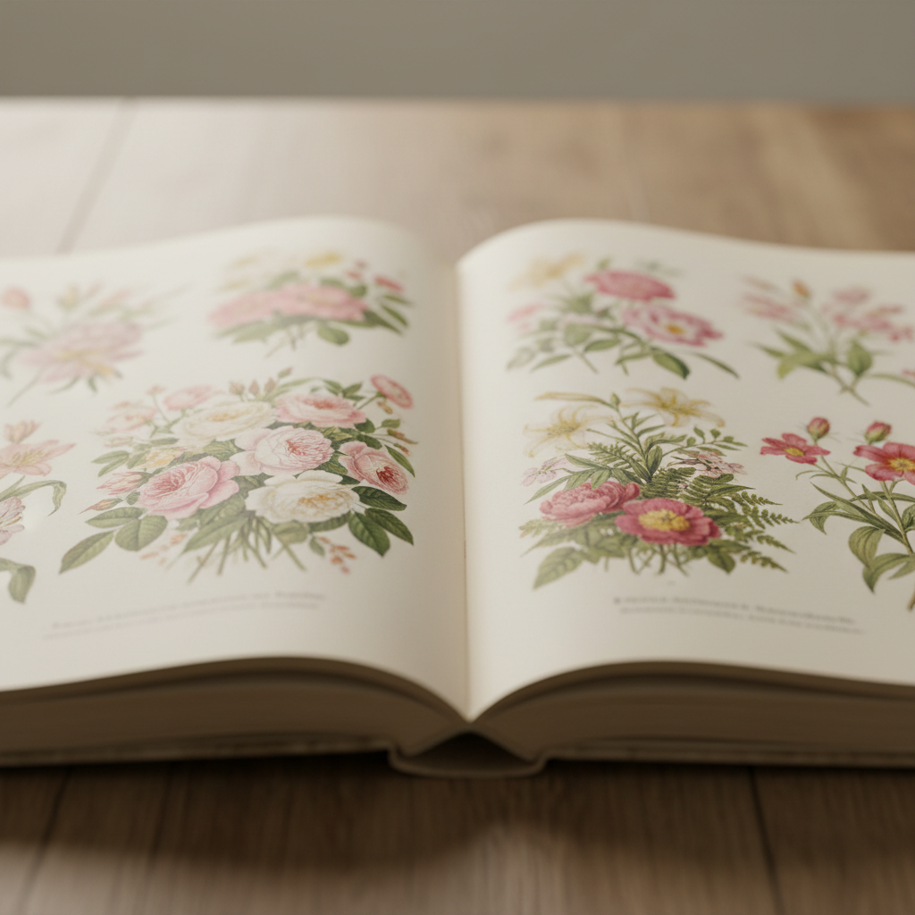 Livre illustré ouvert sur table en bois avec plantes et lumière naturelle douce
