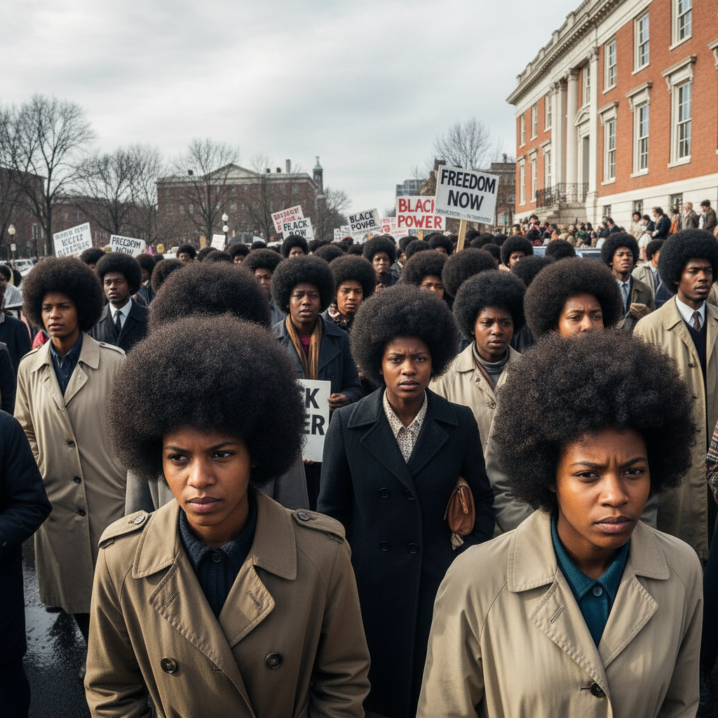 Black and white photograph of civil rights era activists wearing natural Afro hairstyles as political statement