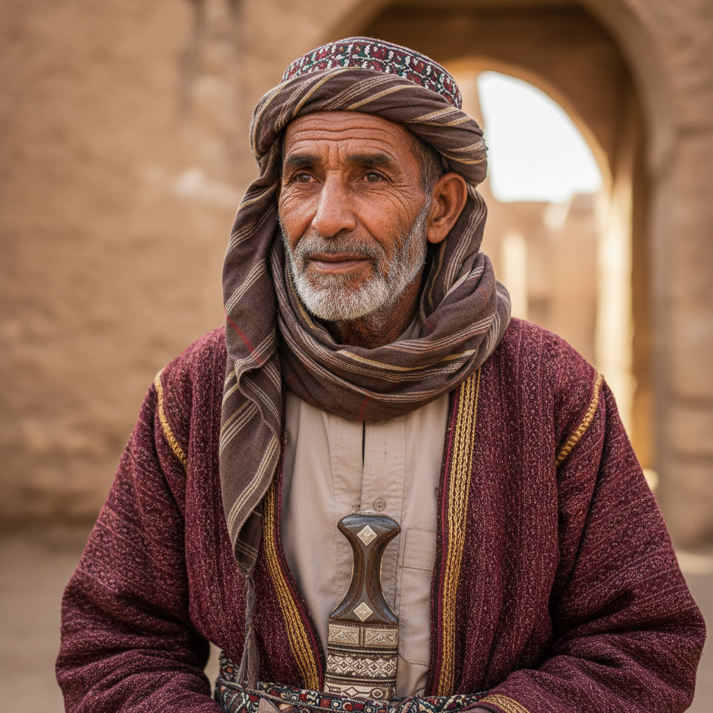 Middle-aged man with beard wearing traditional Persian attire in scholarly setting
