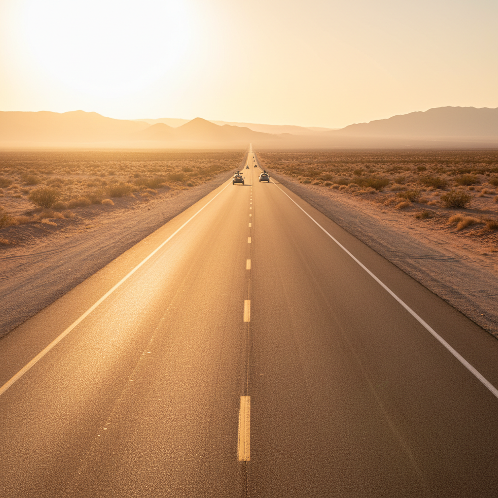 Empty desert highway stretching toward horizon at golden hour, sensor-equipped autonomous test vehicles visible as specks in the distance