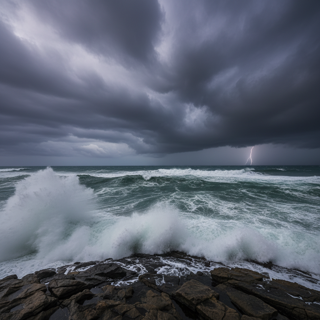 Ocean waves with dramatic storm clouds and lightning in the background