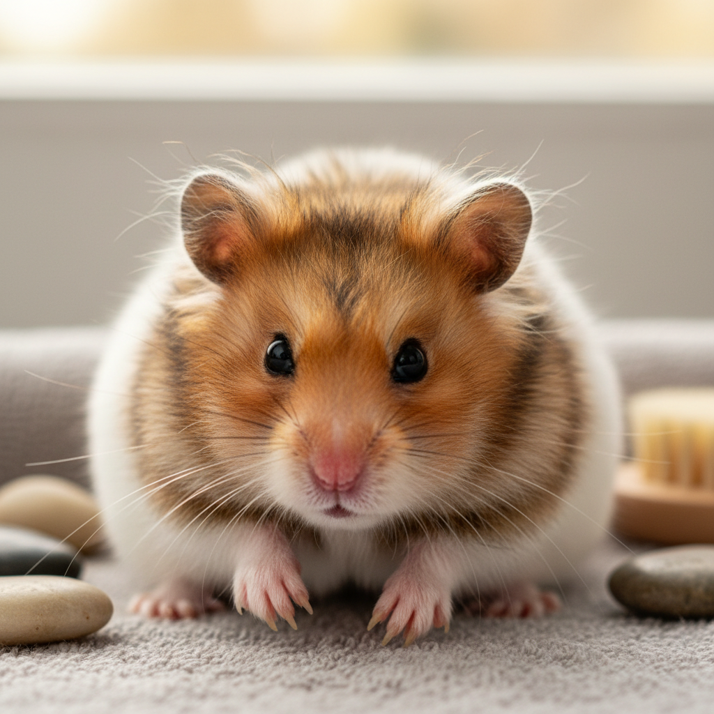Syrian hamster with ruffled coat and slightly overgrown nails before hamster spa treatment