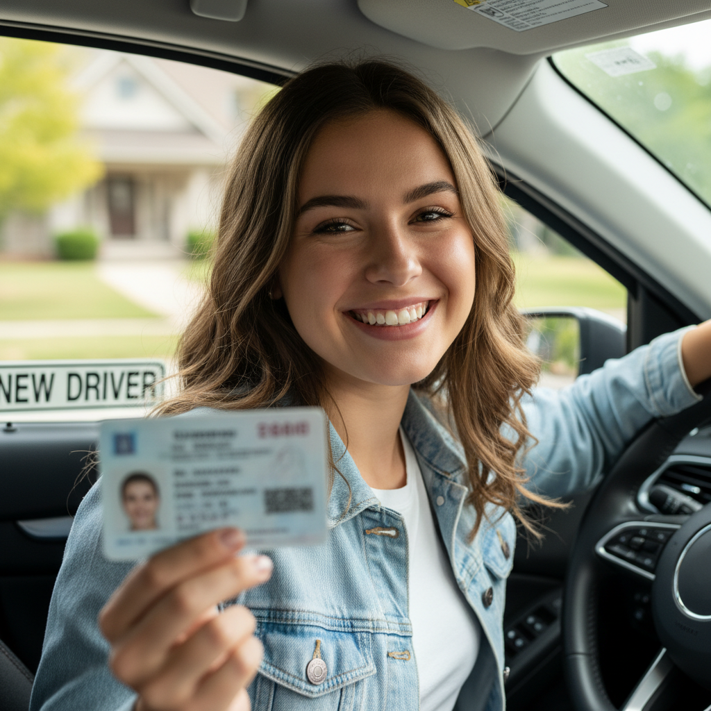 Young woman smiling, car keys dangling from her right hand, sitting in a car after passing her driving test