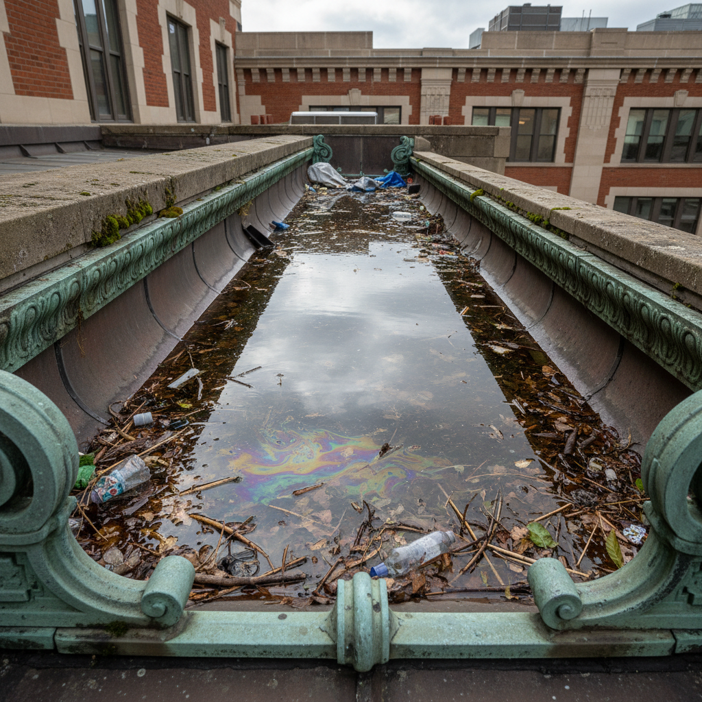 Commercial building ornamental roof channel blocked with debris and standing water