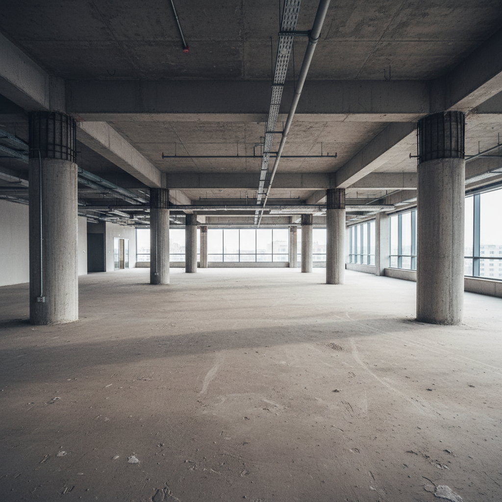 Empty open-plan office floor with scuffed concrete, raw columns, and no furniture