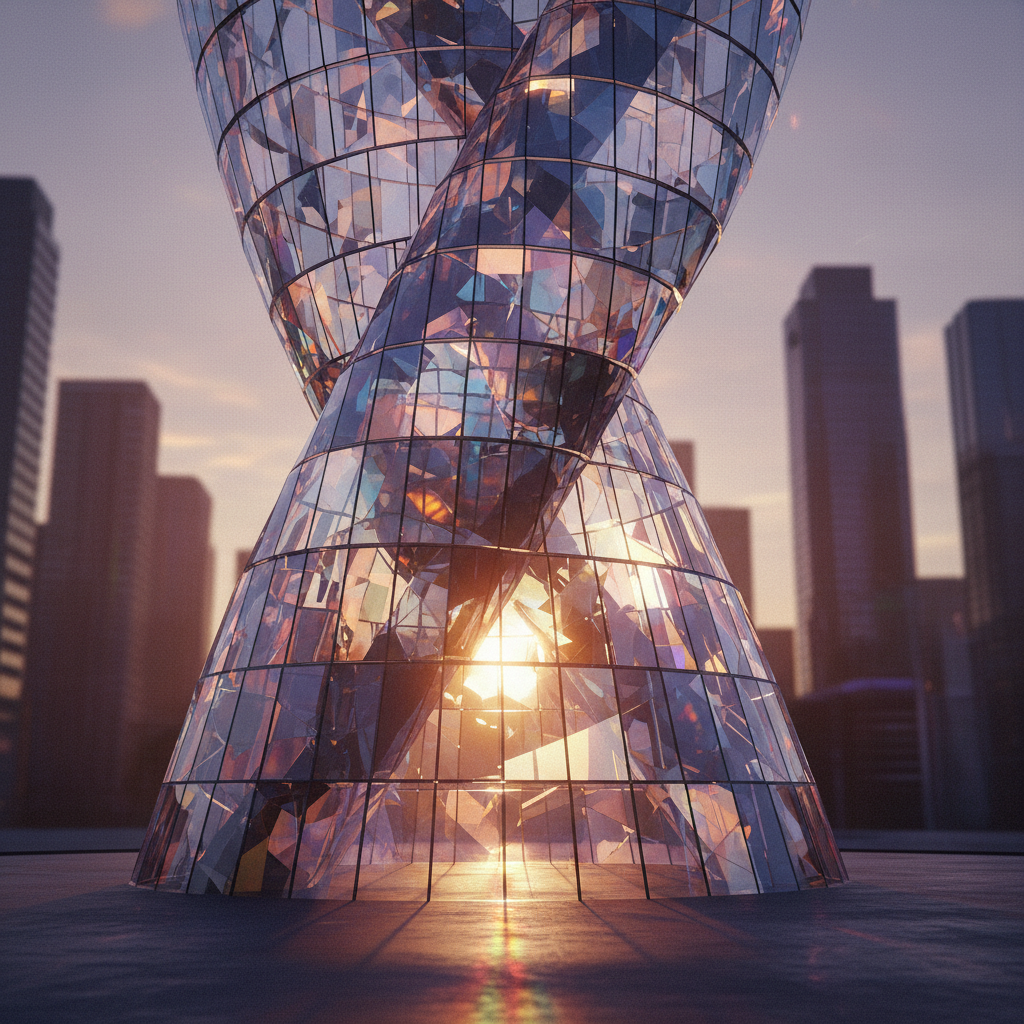 Dramatic abstract architectural rendering of spiraling glass structure with light refractions