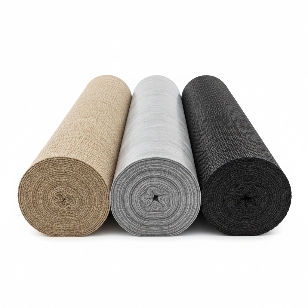 Industrial laminated film rolls in manufacturing facility, flexible packaging material in neutral tones