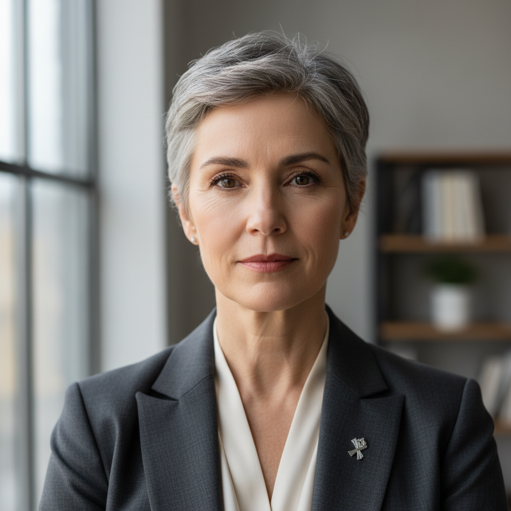 Professional woman, short grey hair, direct eye contact, assured