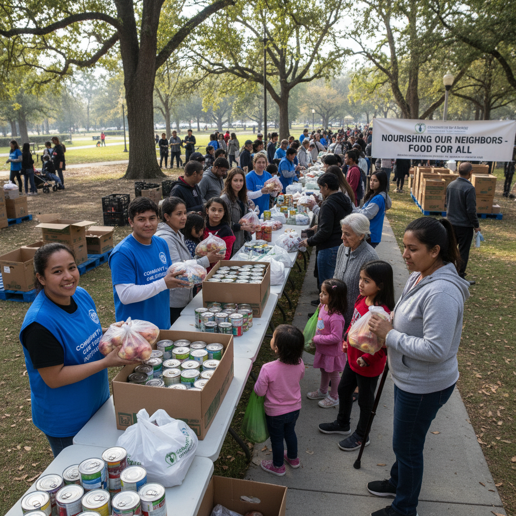 Volunteers distributing food packages to families at an outdoor community event in Lagos