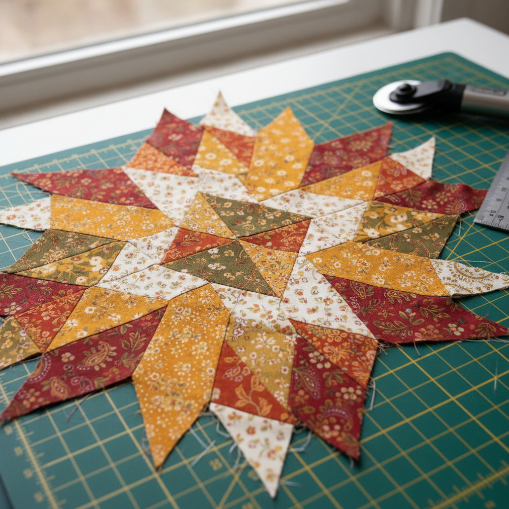 Riley Blake quilting cotton fabric with colorful geometric pattern, folded neatly, daylight