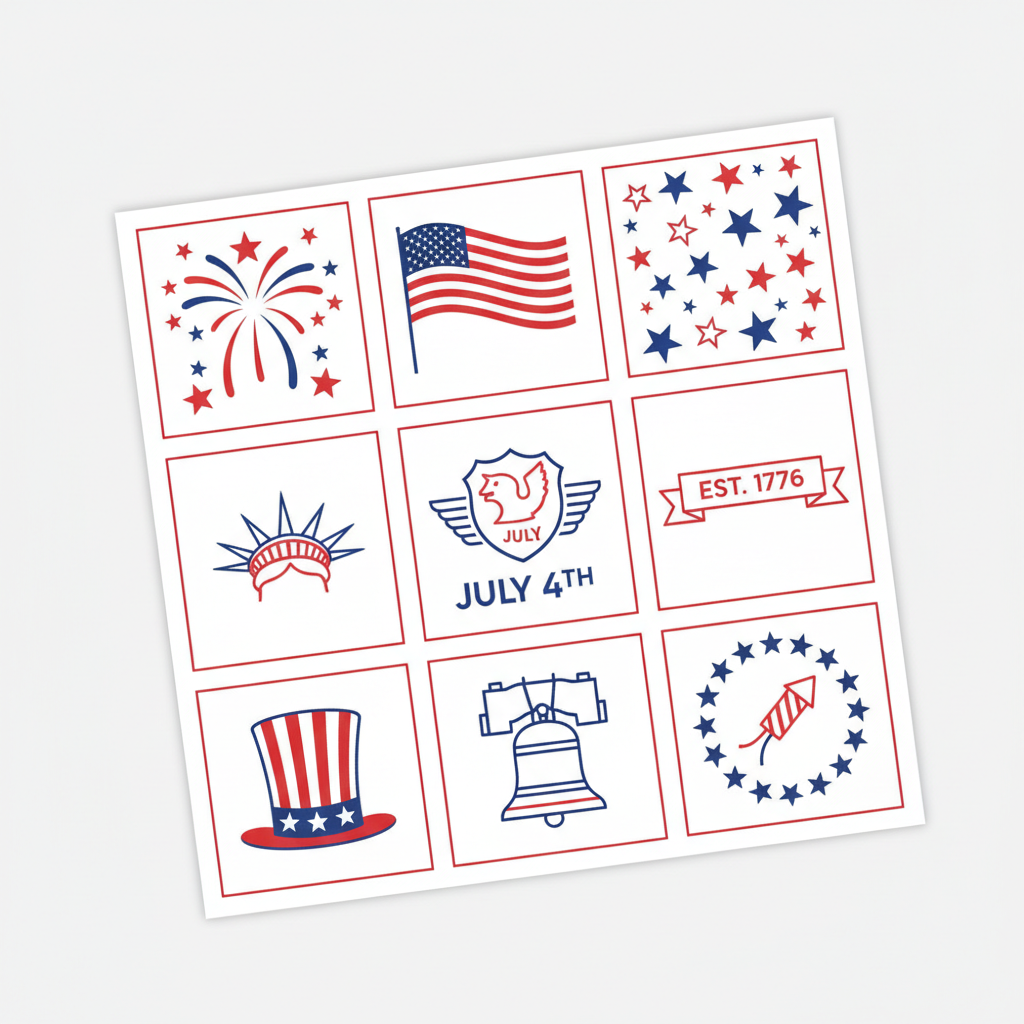 Instagram feed grid showing nine cohesive July 4th themed social media posts with consistent red white blue color palette and typography